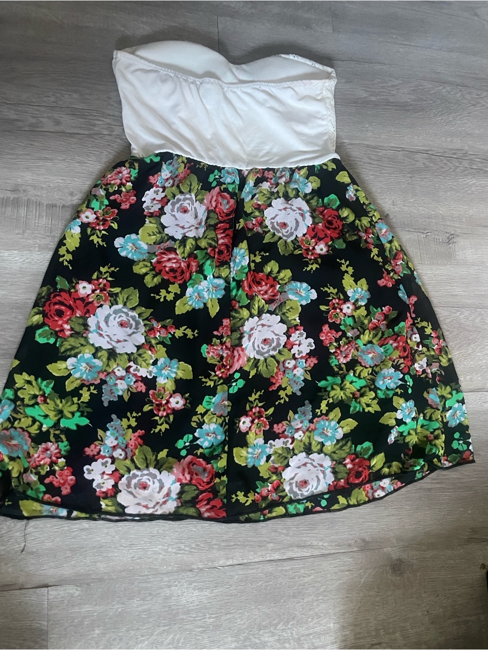 Floral Strapless Circle Skirt Dress in Black and White